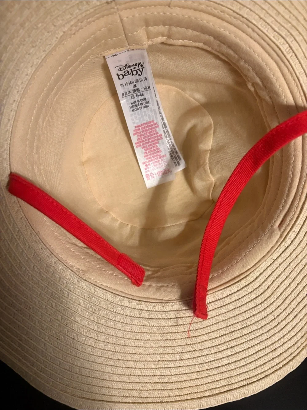 Disney Tan Sun Hat with Minnie Mouse, Blue Ears and Red Bow Velcro chin strap